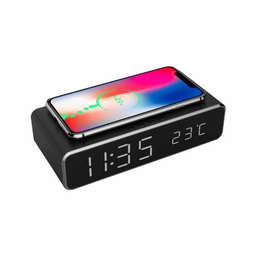 Slika Gembird DAC-WPC-01 digitalni sat + alarm sa bežičnim punjenjem telefona, Black